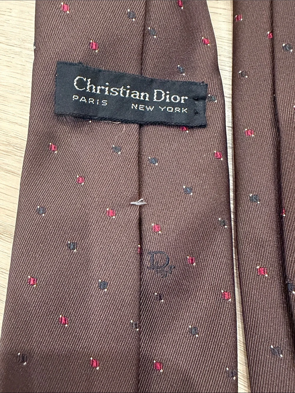 Christian Dior Brown Men's Silk Tie with Red & Blue Microdots
